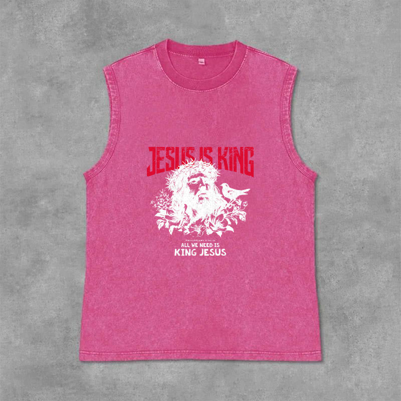Christianartworkshop Jesus Is King Crown of Thorns Unisex Washed Tank Top - Pink - 2XL - image 9