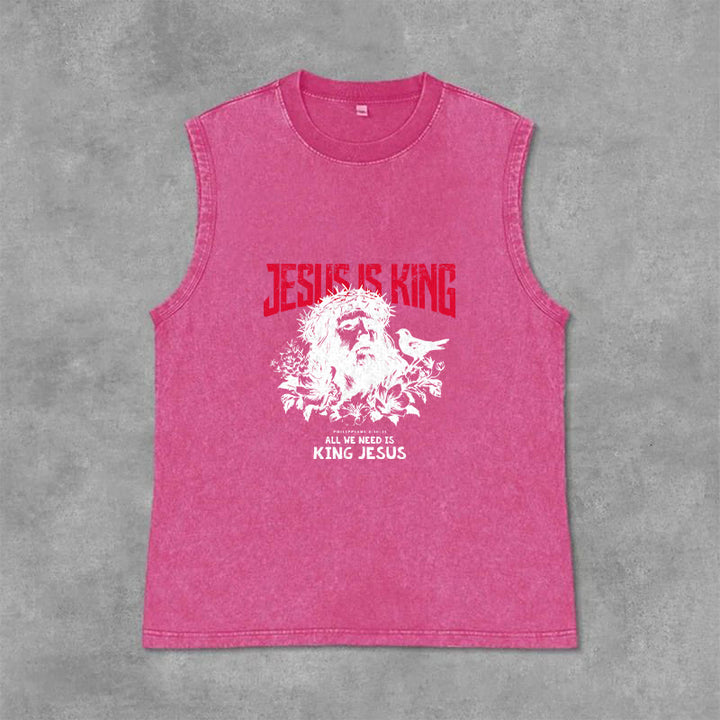 Christianartworkshop Jesus Is King Crown of Thorns Unisex Washed Tank Top - Pink - 2XL - image 9