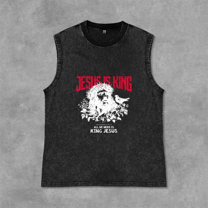 Christianartworkshop Jesus Is King Crown of Thorns Unisex Washed Tank Top - Black - 2XL - image 3