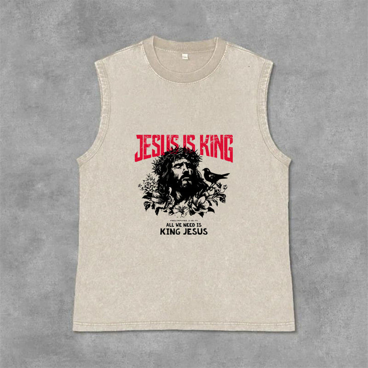 Christianartworkshop Jesus Is King Crown of Thorns Unisex Washed Tank Top - Beige - 2XL - image 0
