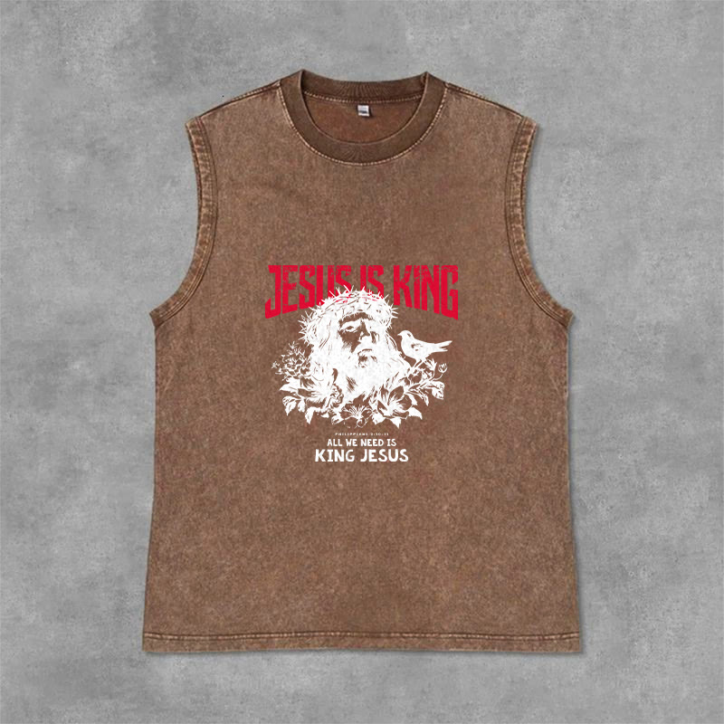 Christianartworkshop Jesus Is King Crown of Thorns Unisex Washed Tank Top - Brown - 2XL - image 6