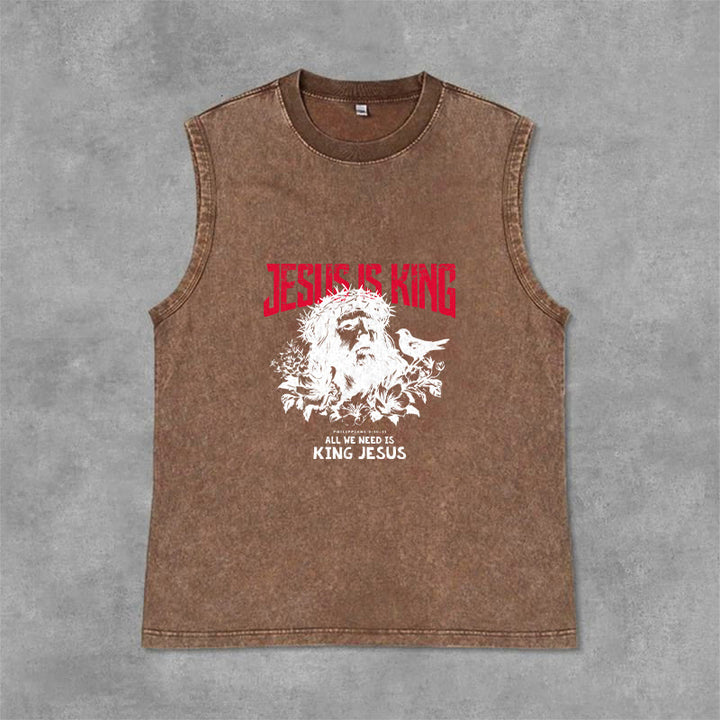 Christianartworkshop Jesus Is King Crown of Thorns Unisex Washed Tank Top - Brown - 2XL - image 6