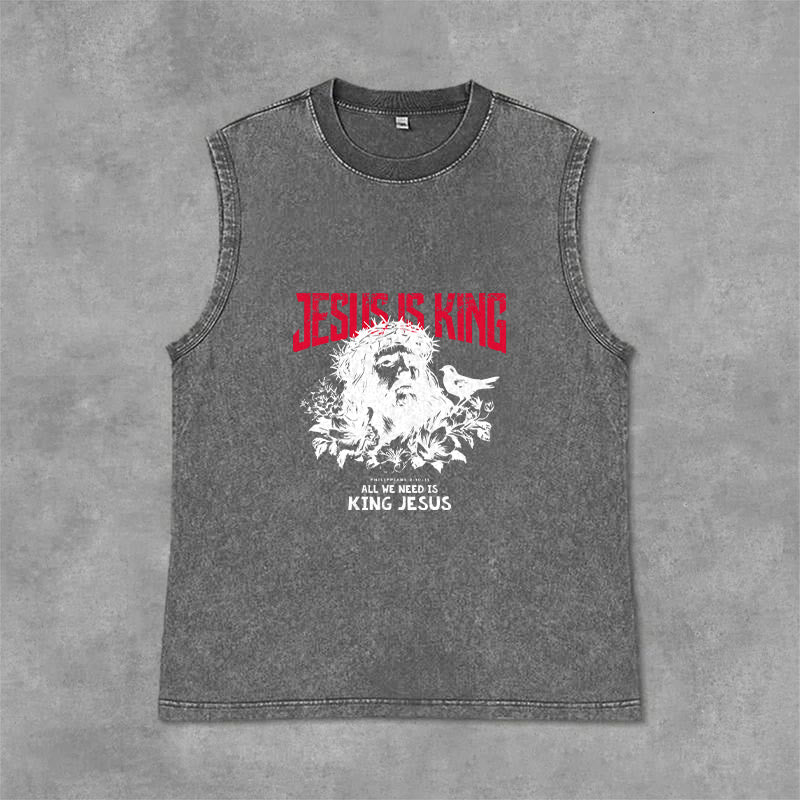 Christianartworkshop Jesus Is King Crown of Thorns Unisex Washed Tank Top - Grey - 2XL - image 12