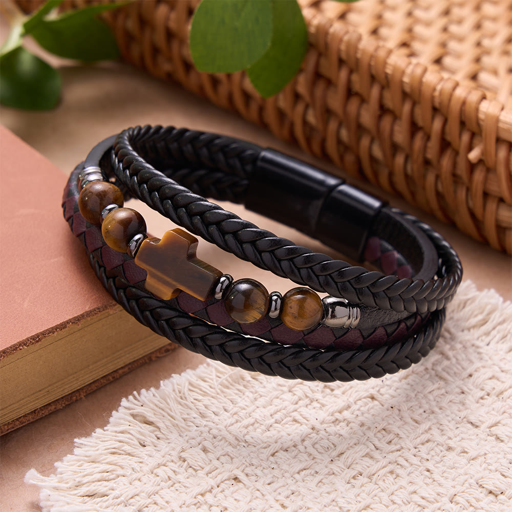Christianartworkshop Natural Stone Cross Accent Braided Wrap Bracelet: Personalized Emblem of Abiding Divine Tenderness - Cross&Tiger's Eye - image 4