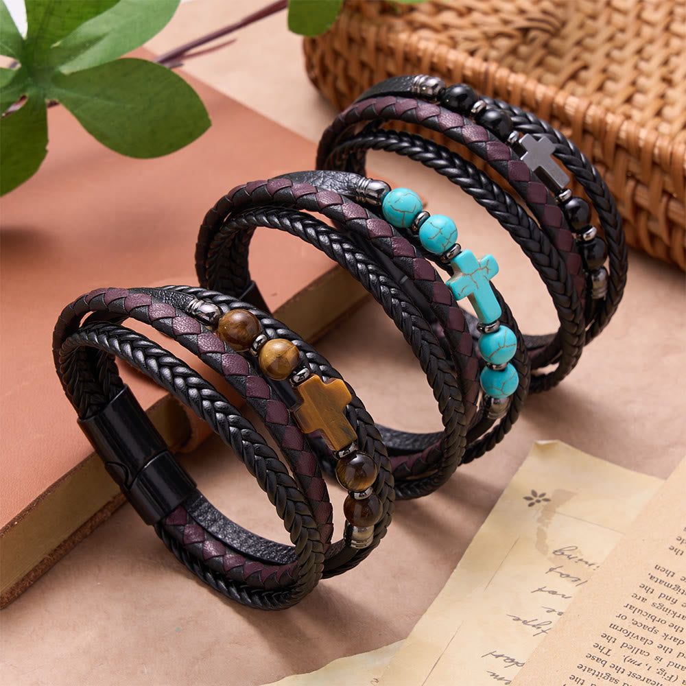 Christianartworkshop Natural Stone Cross Accent Braided Wrap Bracelet: Personalized Emblem of Abiding Divine Tenderness - image 0