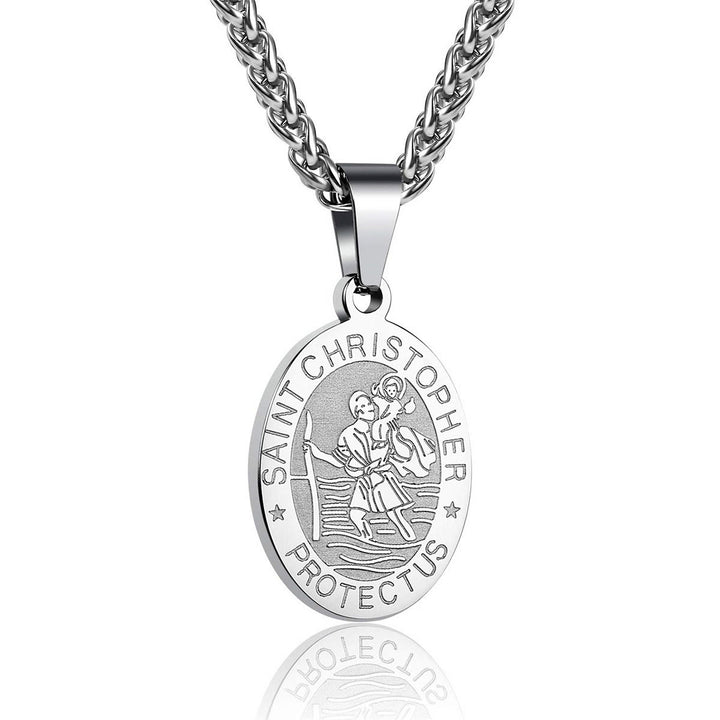 Christianartworkshop Oval Saint Christopher Engraved Medal Wheat Chain Necklace: Timeless Emblem of Gentle Heavenly Guardianship - Steel - image 5