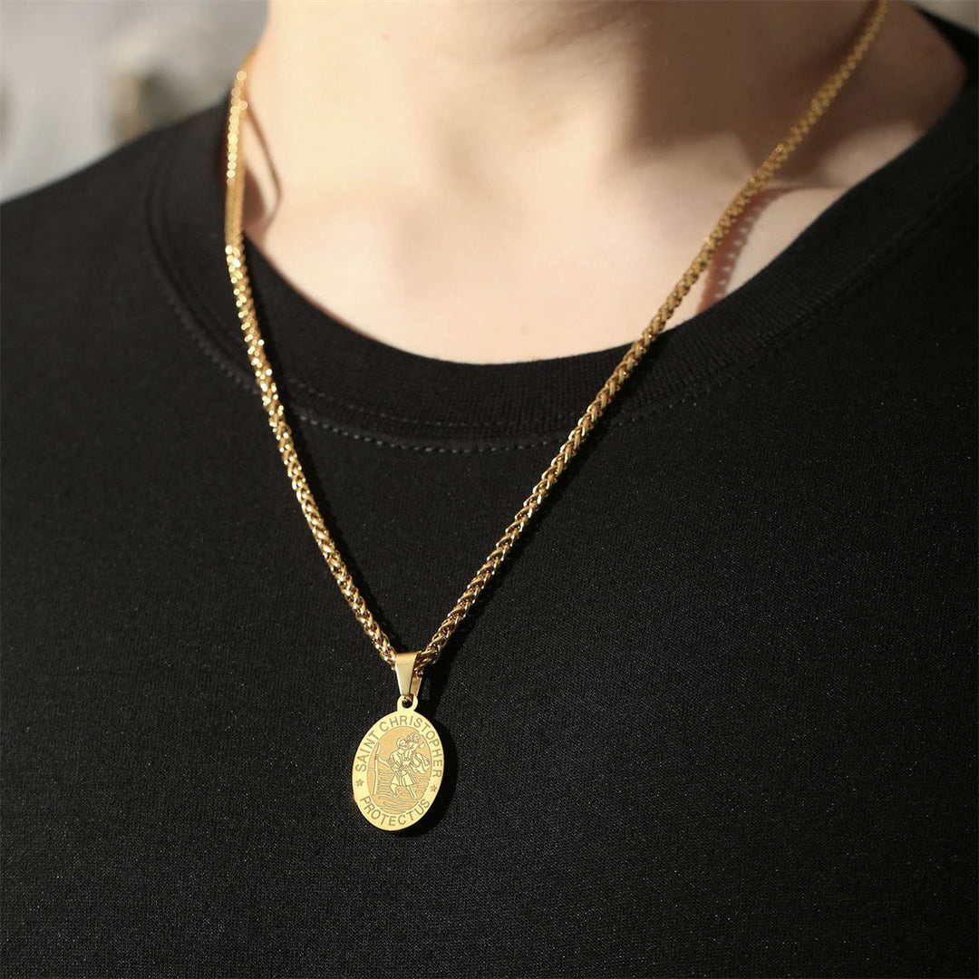 Christianartworkshop Oval Saint Christopher Engraved Medal Wheat Chain Necklace: Timeless Emblem of Gentle Heavenly Guardianship - image 1