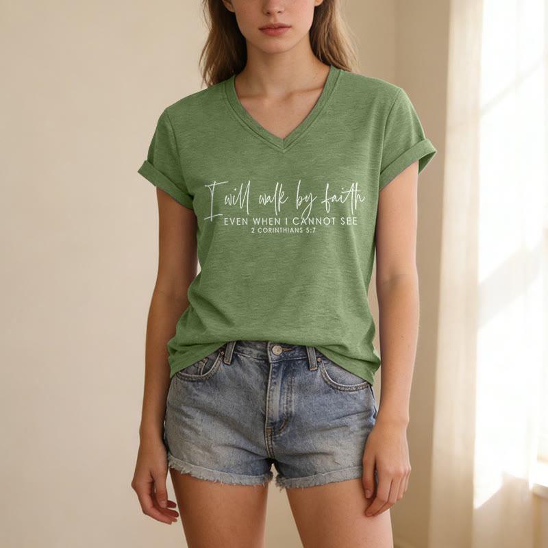Christianartworkshop I Will Walk By Faith Dual Font Scripture Verse Graphic Casual V-neck T-shirt - image 19