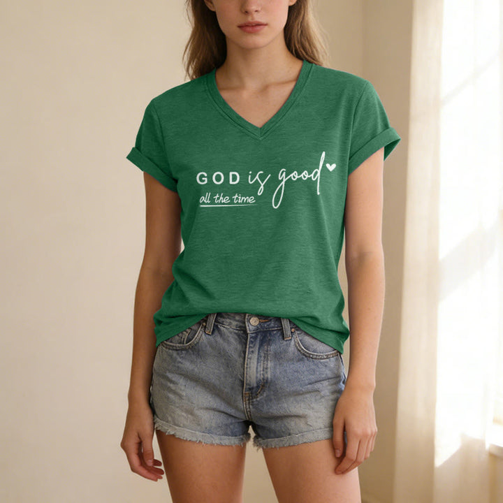 Christianartworkshop God Is Good All The Time Dual Tiny Heart Accent Casual V-neck T-shirt - image 25
