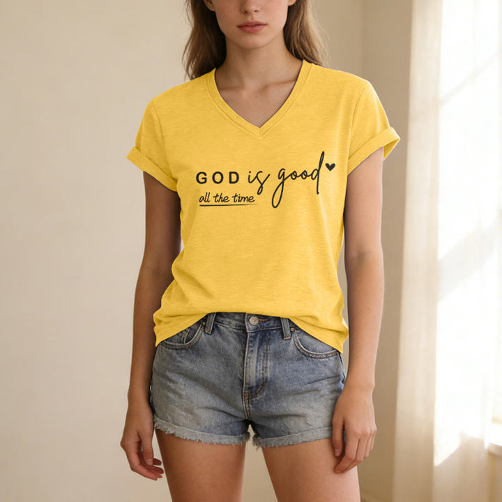 Christianartworkshop God Is Good All The Time Dual Tiny Heart Accent Casual V-neck T-shirt - image 3