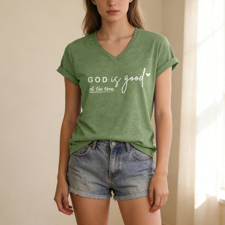 Christianartworkshop God Is Good All The Time Dual Tiny Heart Accent Casual V-neck T-shirt - image 19