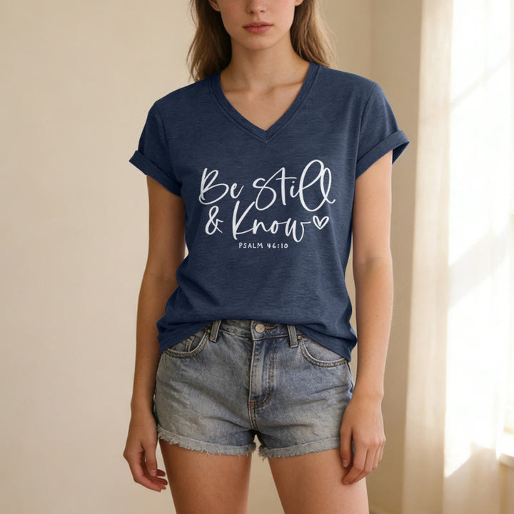 Christianartworkshop Be Still & Know Flowing Cursive Tiny Heart Psalm 46:10 Verse Casual V-neck T-shirt - image 13