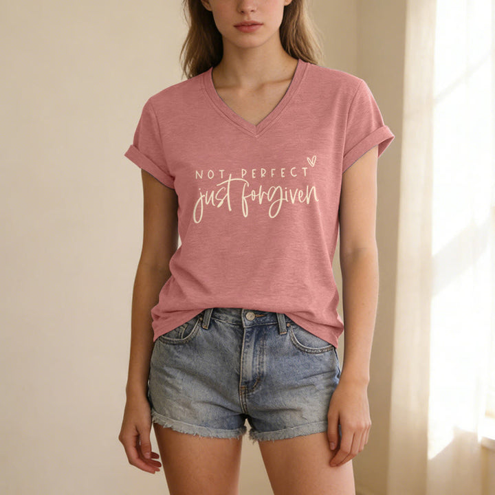 Christianartworkshop Not Perfect Just Forgiven Dual Font Tiny Outline Heart Casual V-neck T-shirt - image 1