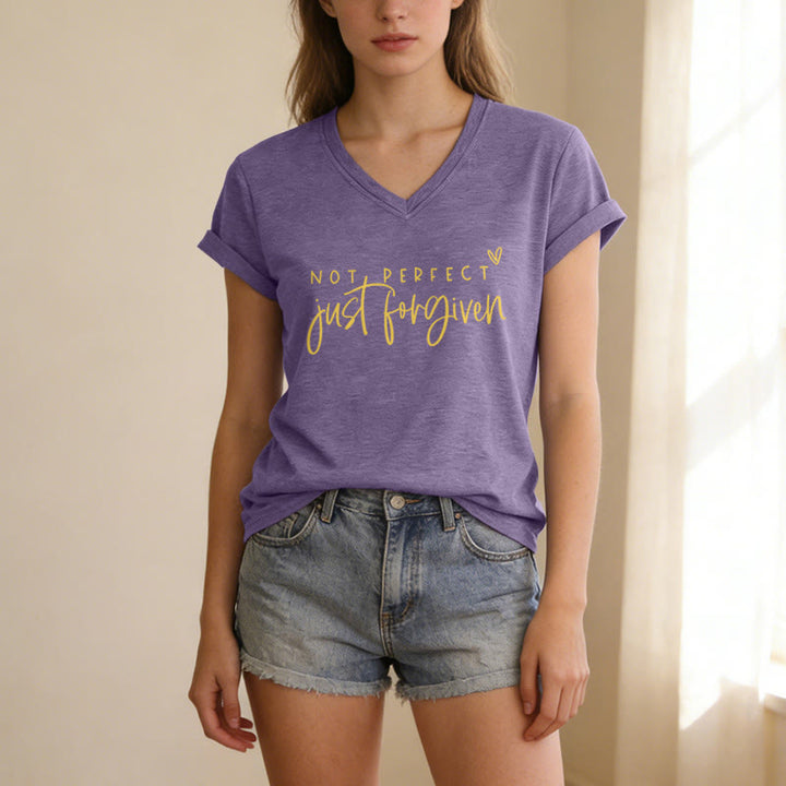 Christianartworkshop Not Perfect Just Forgiven Dual Font Tiny Outline Heart Casual V-neck T-shirt - image 11
