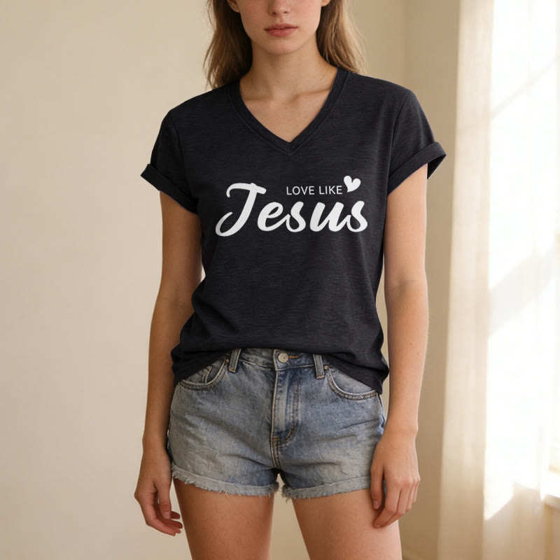 Christianartworkshop Dear Person Behind Me Full Back Text John 15:12 Verse Front Love Slogan Casual V-neck T-shirt - image 15