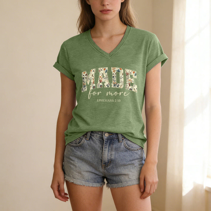 Christianartworkshop Made For More Floral Fill Varsity Font Cursive Script Ephesians 2:10 Verse Casual V-neck T-shirt - image 19
