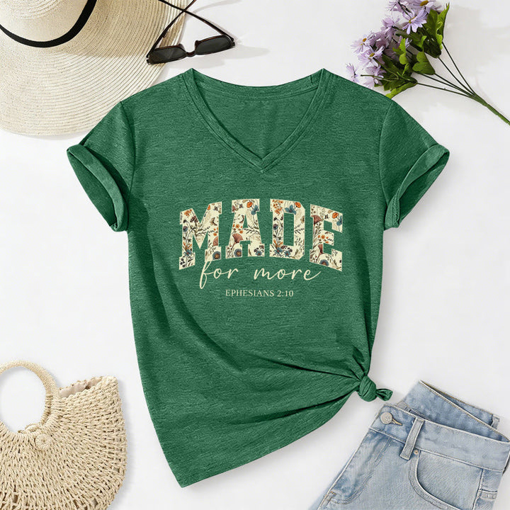 Christianartworkshop Made For More Floral Fill Varsity Font Cursive Script Ephesians 2:10 Verse Casual V-neck T-shirt - Dark Green - 2XL - image 24