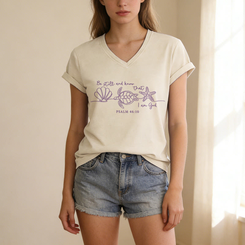 Christianartworkshop Be Still And Know That I Am God Line Drawing Sea Turtle Shell Starfish Psalm 46:10 V-neck T-shirt - image 9