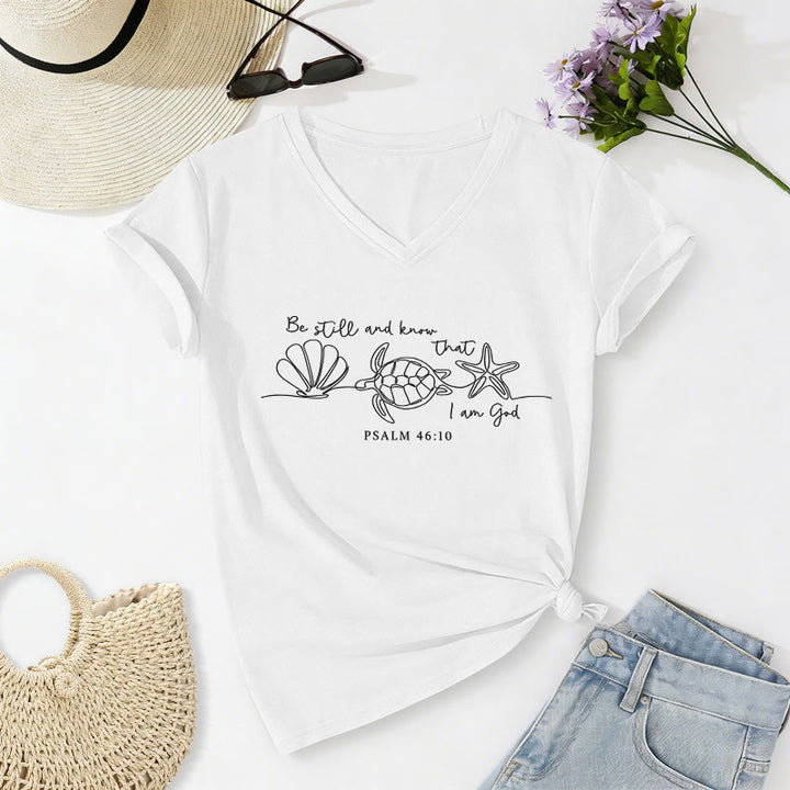 Christianartworkshop Be Still And Know That I Am God Line Drawing Sea Turtle Shell Starfish Psalm 46:10 V-neck T-shirt - White - 2XL - image 22