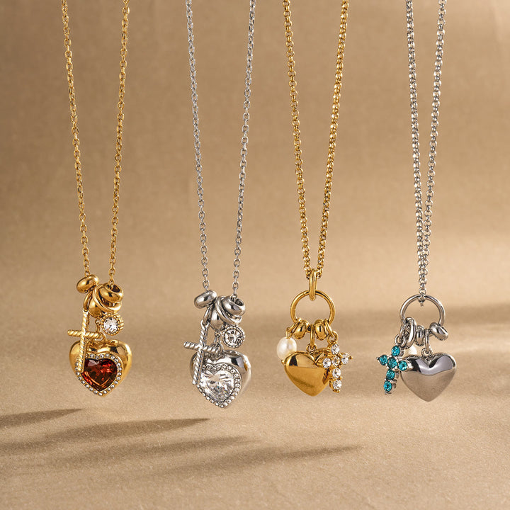 Christianartworkshop Halo Stone Heart Pendant Cross Multi-Charm Cable Chain Necklace: Timeless Emblem of Gentle Heavenly Guardianship - image 1