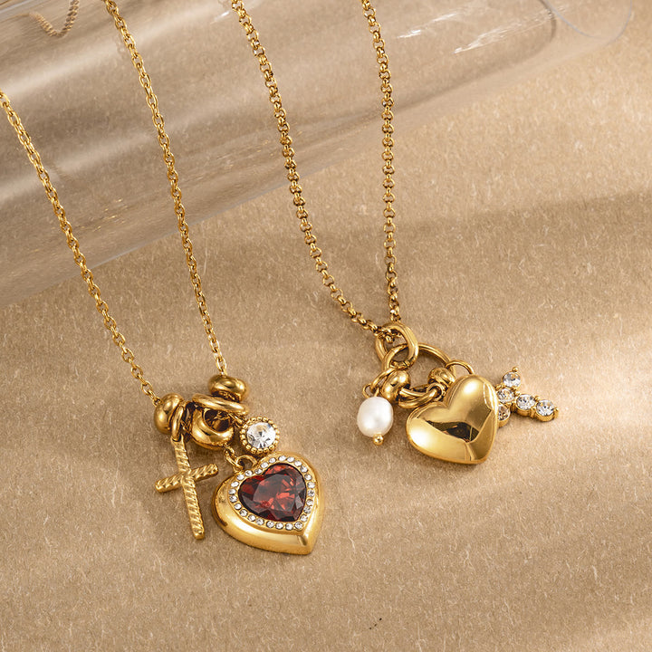 Christianartworkshop Halo Stone Heart Pendant Cross Multi-Charm Cable Chain Necklace: Timeless Emblem of Gentle Heavenly Guardianship - image 2