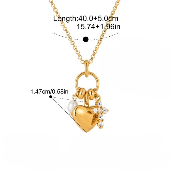 Christianartworkshop Halo Stone Heart Pendant Cross Multi-Charm Cable Chain Necklace: Timeless Emblem of Gentle Heavenly Guardianship - Golden - Polished Scared Heart&Cross - image 6