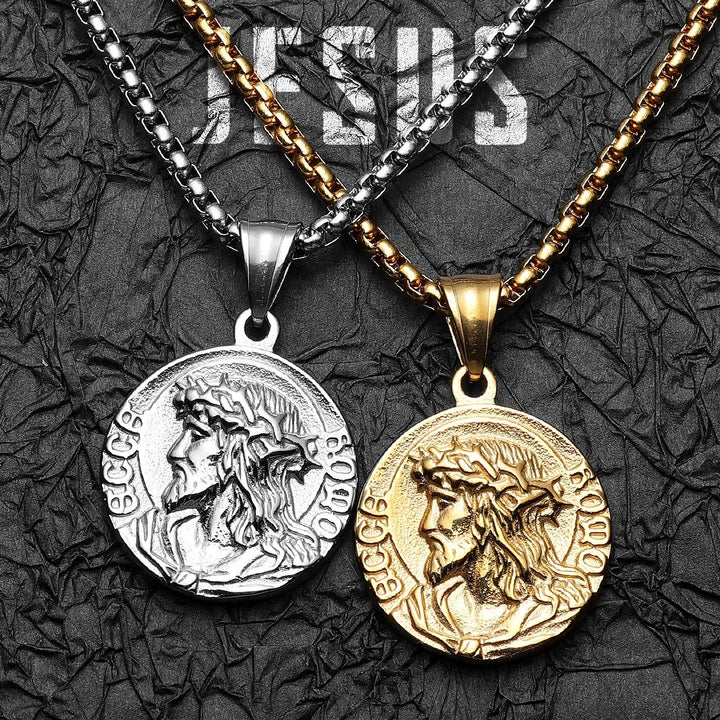 Christianartworkshop Crown Of Thorns Jesus Portrait Round Medal Box Chain Necklace: Timeless Emblem of Gentle Heavenly Guardianship - image 0