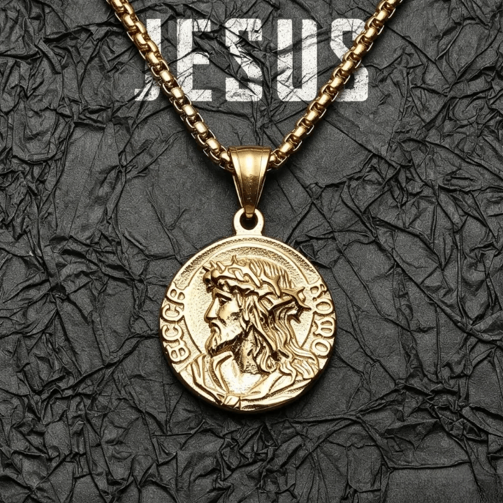 Christianartworkshop Crown Of Thorns Jesus Portrait Round Medal Box Chain Necklace: Timeless Emblem of Gentle Heavenly Guardianship - Golden - image 2