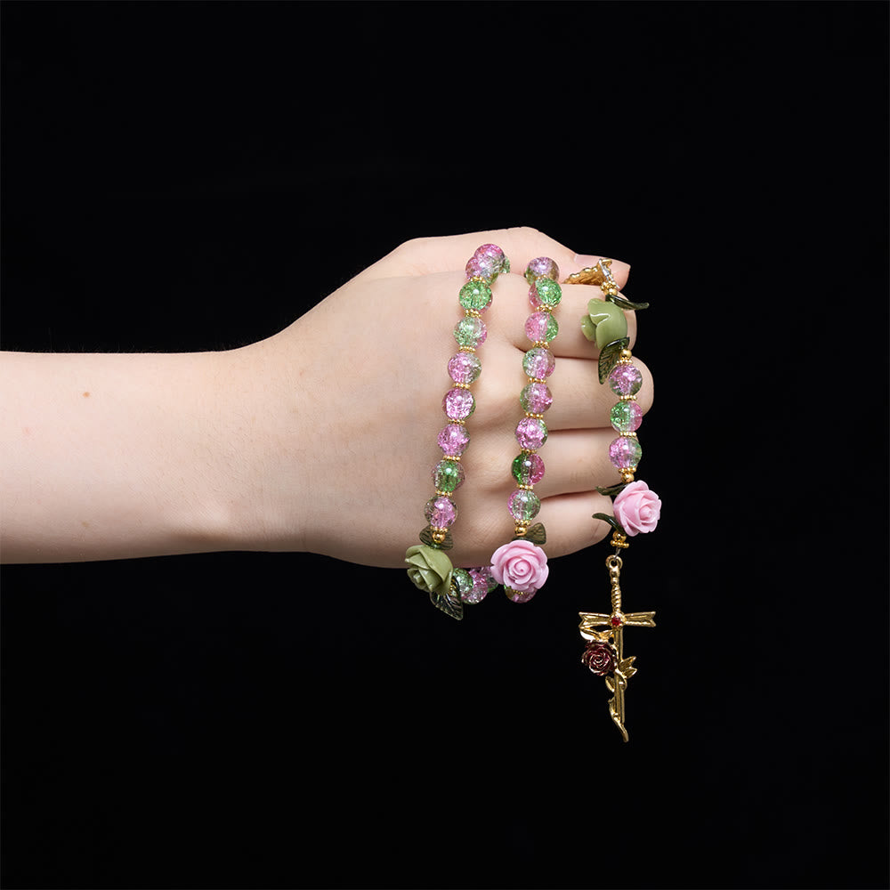 Christianartworkshop Pink & Green Crackle Faceted Glass Bead Rose Floral Our Lady Cross Rosary - image 1