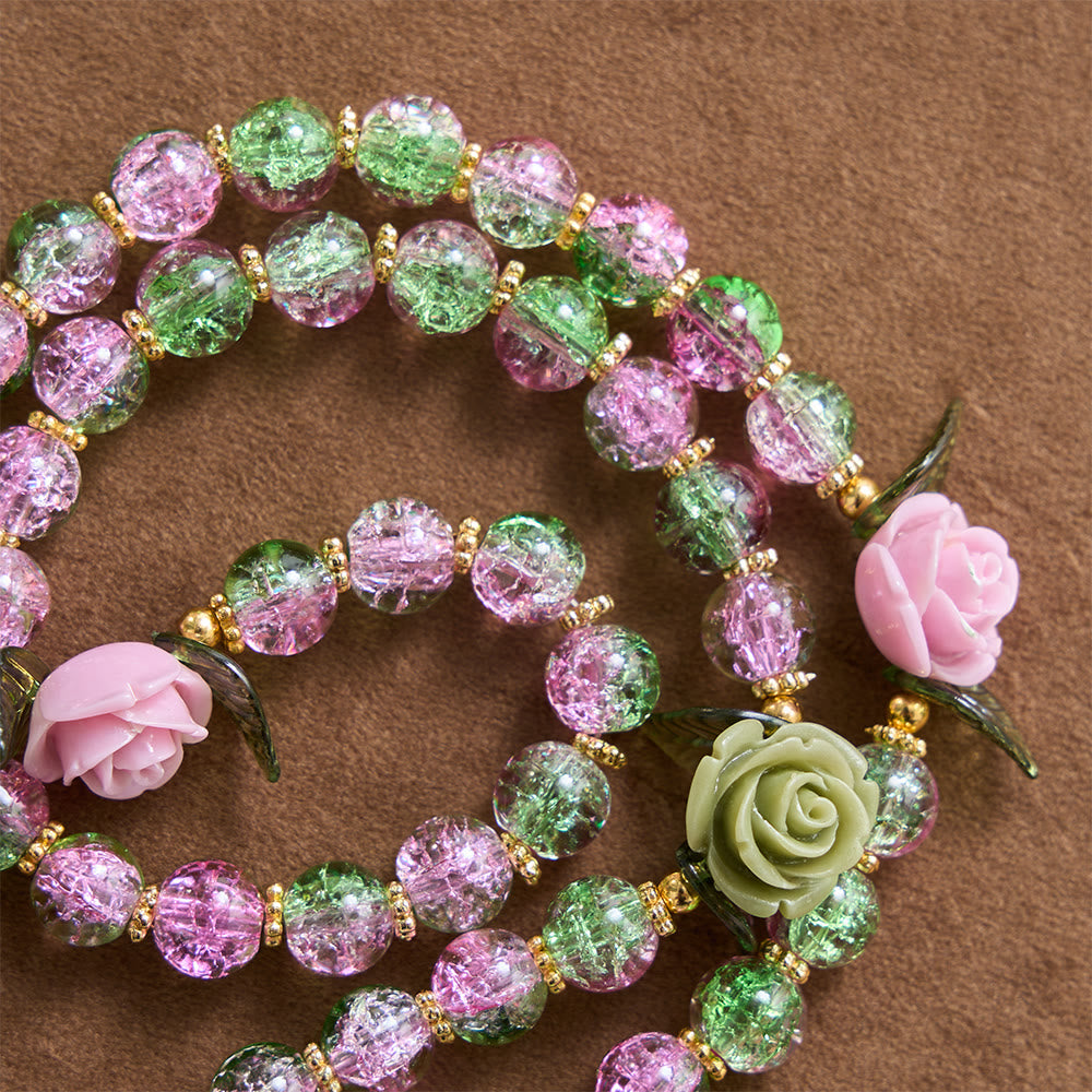 Christianartworkshop Pink & Green Crackle Faceted Glass Bead Rose Floral Our Lady Cross Rosary - image 5