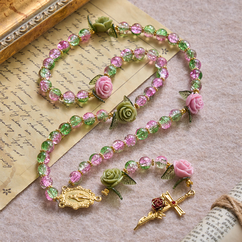 Christianartworkshop Pink & Green Crackle Faceted Glass Bead Rose Floral Our Lady Cross Rosary - image 3