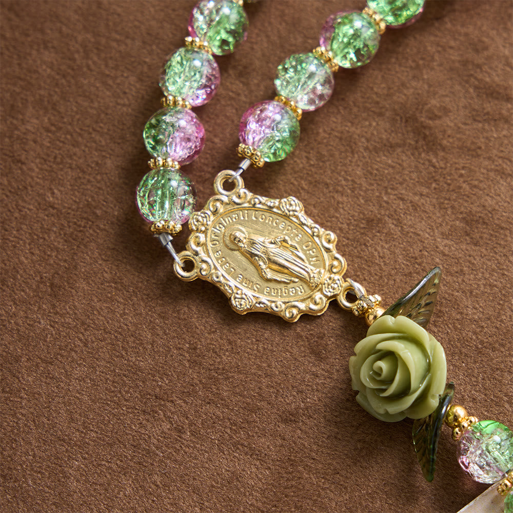 Christianartworkshop Pink & Green Crackle Faceted Glass Bead Rose Floral Our Lady Cross Rosary - image 6
