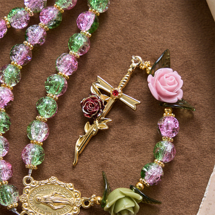 Christianartworkshop Pink & Green Crackle Faceted Glass Bead Rose Floral Our Lady Cross Rosary - image 7