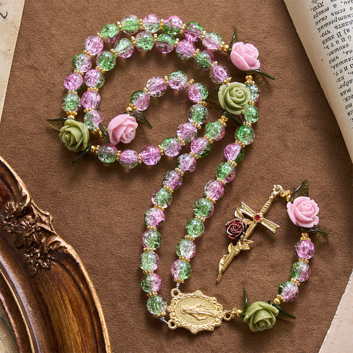 Christianartworkshop Pink & Green Crackle Faceted Glass Bead Rose Floral Our Lady Cross Rosary - Pink & Green Beads Rosary - image 0