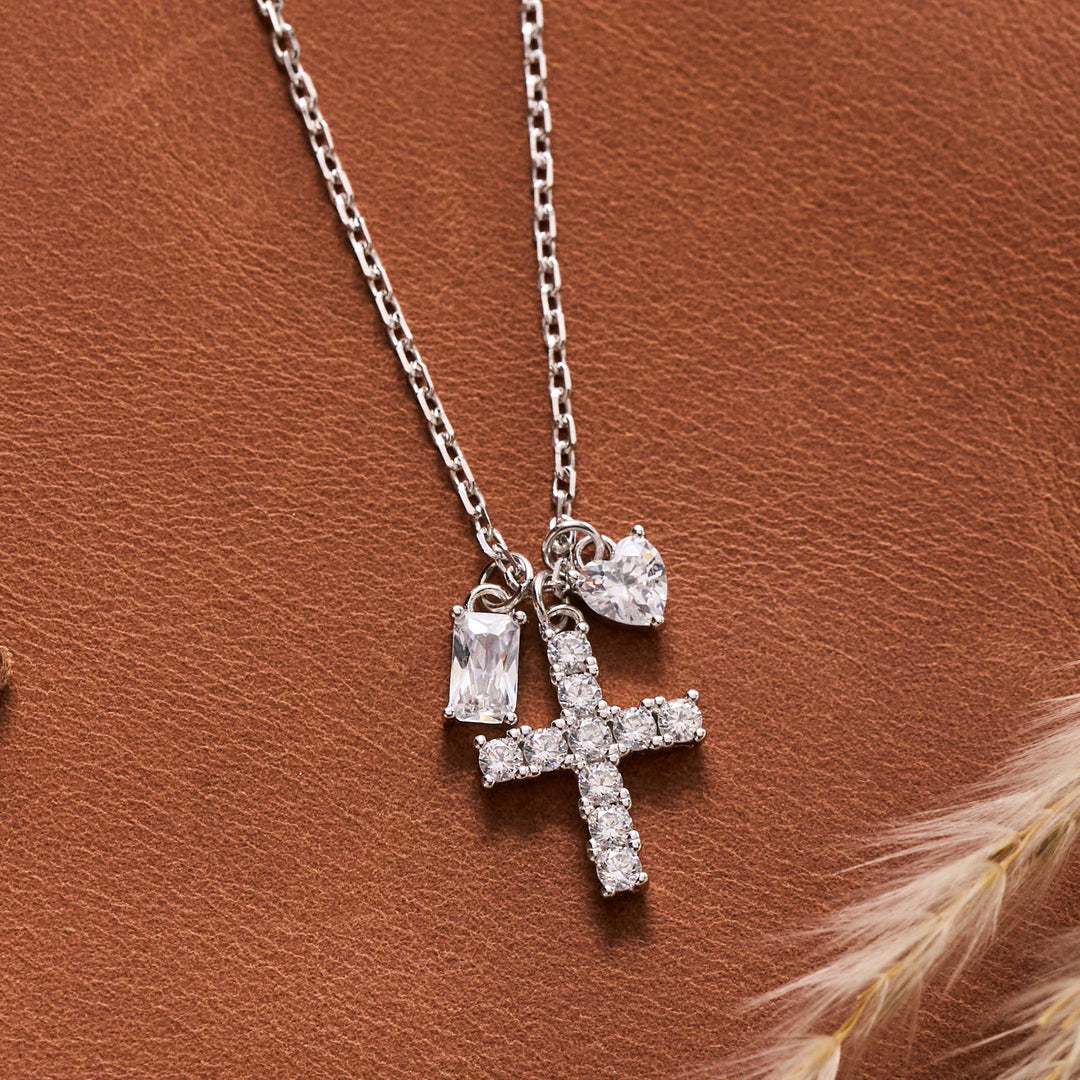 Christianartworkshop Round Stone Cross Heart & Rectangle Accent Cable Chain Sterling Silver Necklace: Timeless Emblem of Gentle Heavenly Guardianship - Silver - image 3