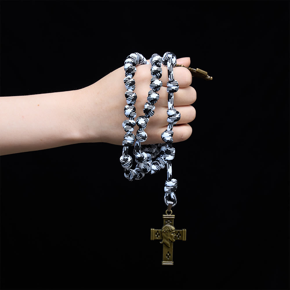 Christianartworkshop Black & White-Tone Twisted Paracord Knotted Rosary With St.Benedict Plaque & Jesus Cross - image 1