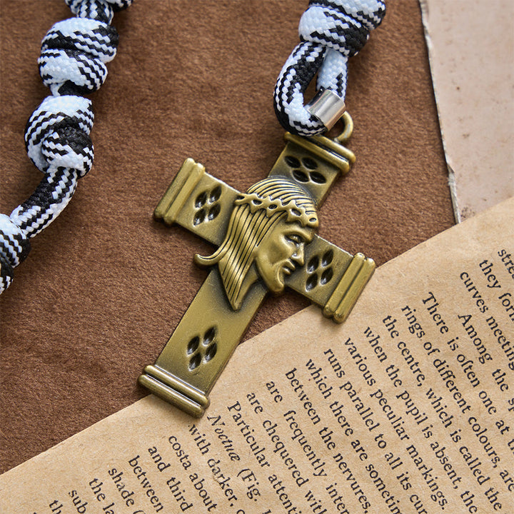 Christianartworkshop Black & White-Tone Twisted Paracord Knotted Rosary With St.Benedict Plaque & Jesus Cross - image 5