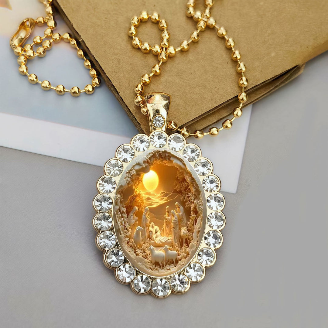 Christianartworkshop Oval Border Frame Jesus Portrait Ball Chain Necklace: Timeless Emblem of Gentle Heavenly Guardianship - Jesus Birth - image 1
