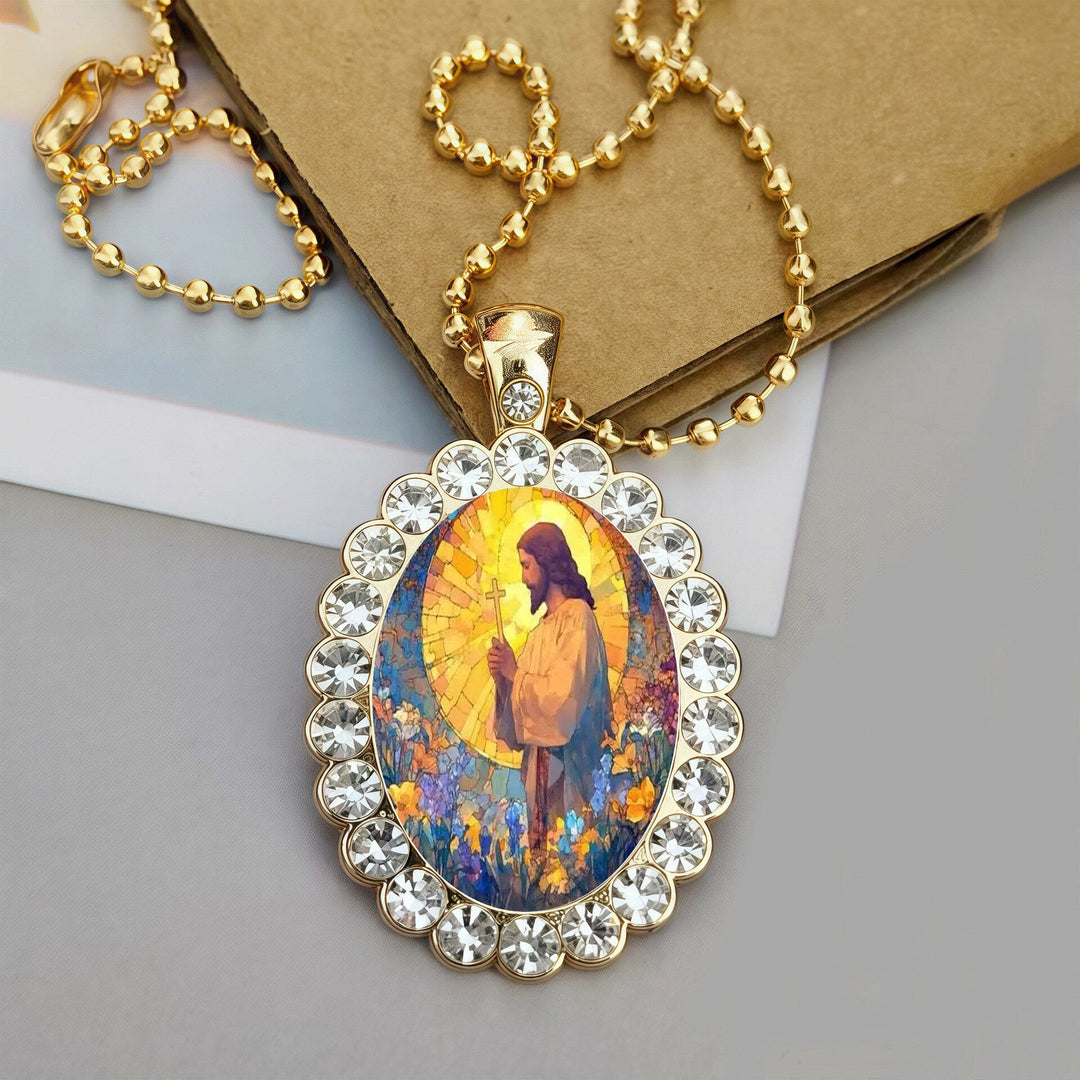 Christianartworkshop Oval Border Frame Jesus Portrait Ball Chain Necklace: Timeless Emblem of Gentle Heavenly Guardianship - Jesus&Sacred Heart - image 0