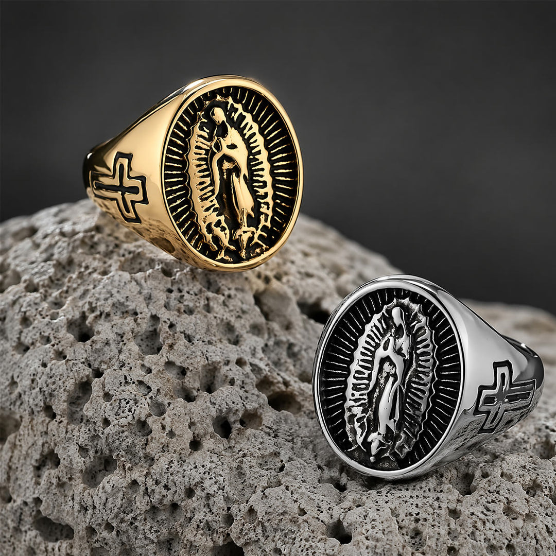 Christianartworkshop Deep Relief Our Lady Of Guadalupe Cross Statement Ring: Timeless Emblem of Unshakable Sacred Faith - image 0
