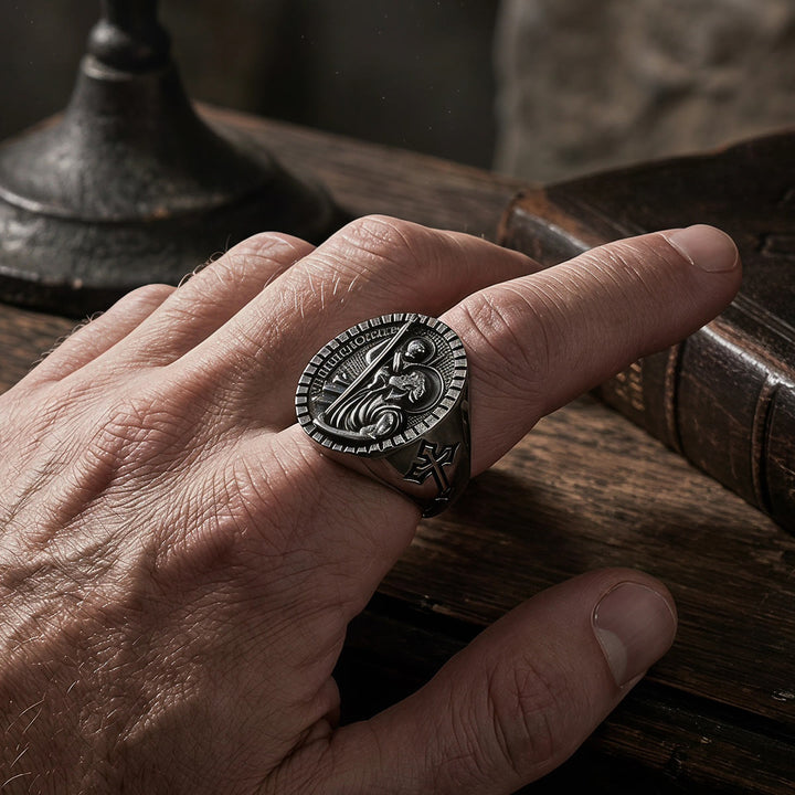 Christianartworkshop St. Christopher Round Ridged Border Signet Ring: Timeless Emblem of Unshakable Sacred Faith - image 5