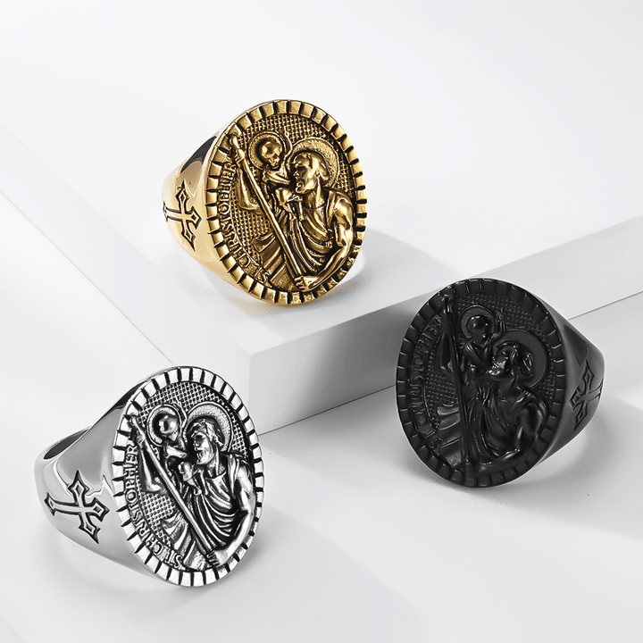 Christianartworkshop St. Christopher Round Ridged Border Signet Ring: Timeless Emblem of Unshakable Sacred Faith - image 0