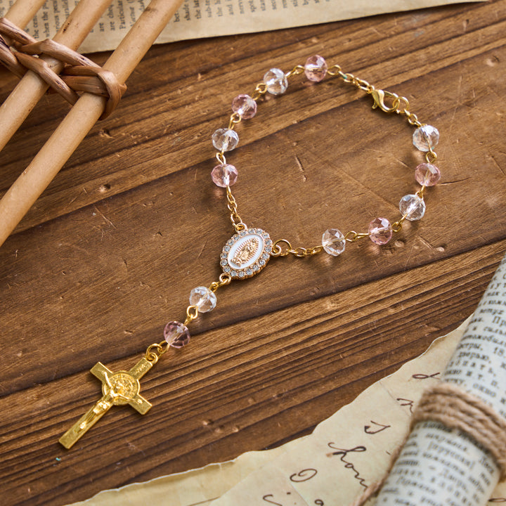Christianartworkshop Oval Sacred Portrait Our Lady Multi-Tone Bead Crucifix Car Hanging Pendant: A Reminder of Merciful Divine Protection on Every Trip - Pink - image 9