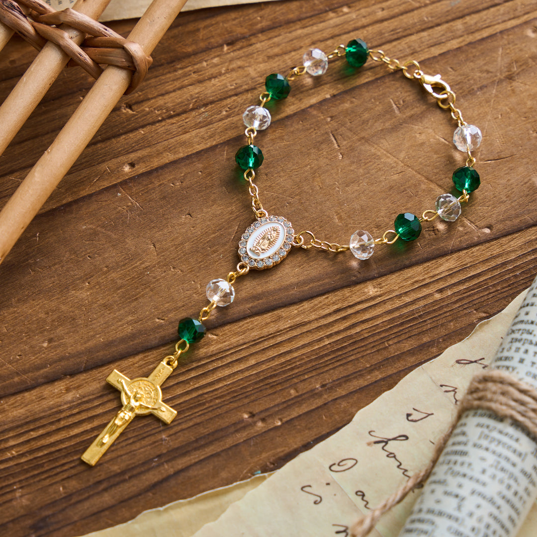 Christianartworkshop Oval Sacred Portrait Our Lady Multi-Tone Bead Crucifix Car Hanging Pendant: A Reminder of Merciful Divine Protection on Every Trip - Green - image 4
