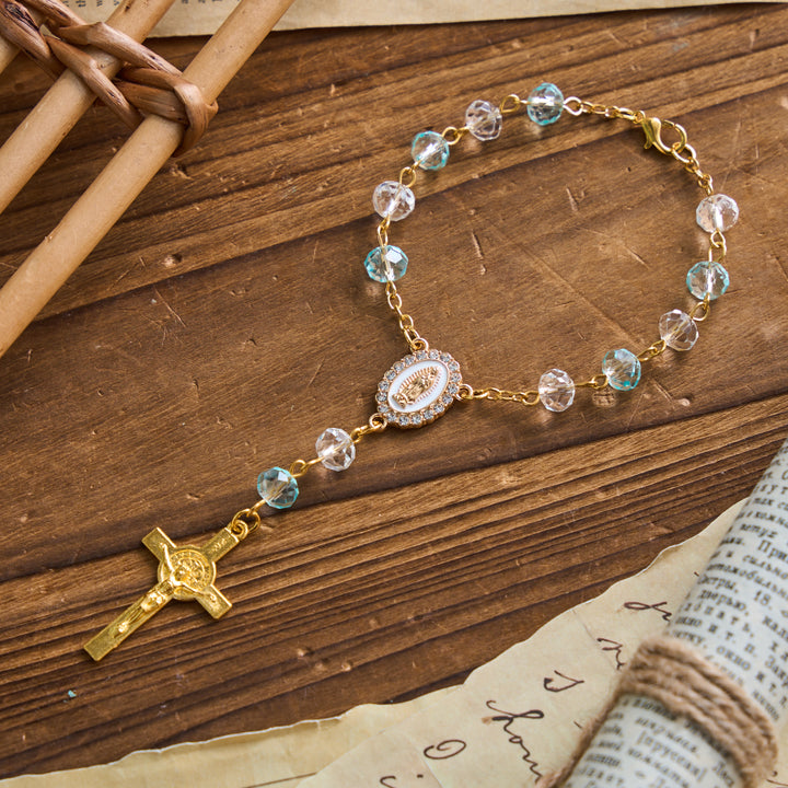Christianartworkshop Oval Sacred Portrait Our Lady Multi-Tone Bead Crucifix Car Hanging Pendant: A Reminder of Merciful Divine Protection on Every Trip - Lake Blue - image 10