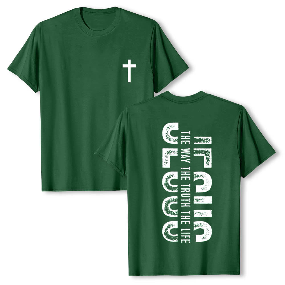 Christianartworkshop Front Cross Back Vertical Distressed JESUS The Way The Truth The Life Premium Short Sleeve T-Shirt - Dark Green - 2XL - image 6
