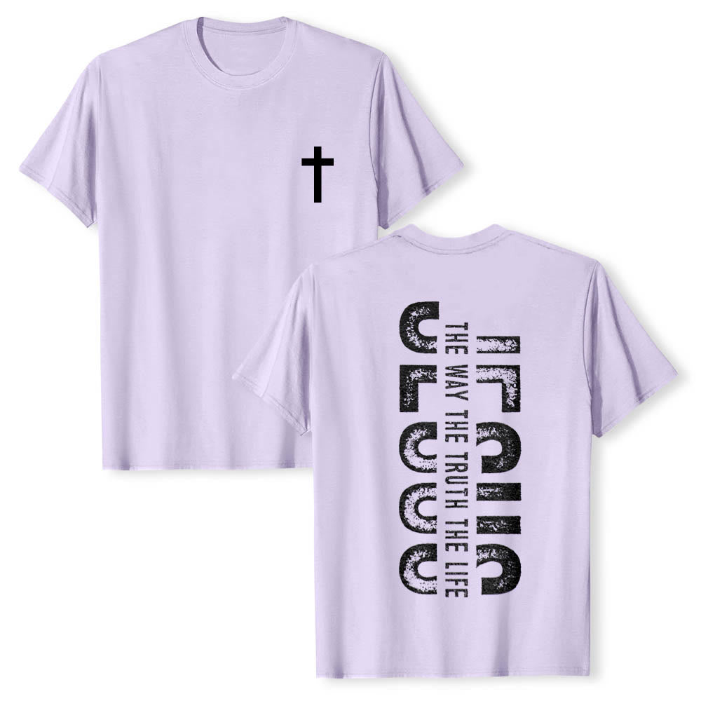 Christianartworkshop Front Cross Back Vertical Distressed JESUS The Way The Truth The Life Premium Short Sleeve T-Shirt - Purple - 2XL - image 12