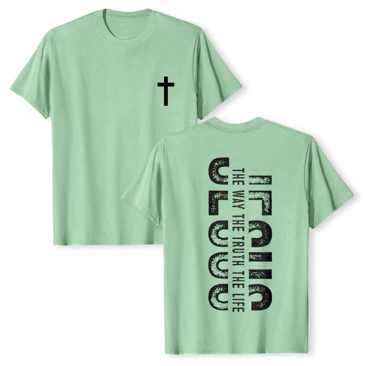 Christianartworkshop Front Cross Back Vertical Distressed JESUS The Way The Truth The Life Premium Short Sleeve T-Shirt - Light Green - 2XL - image 21