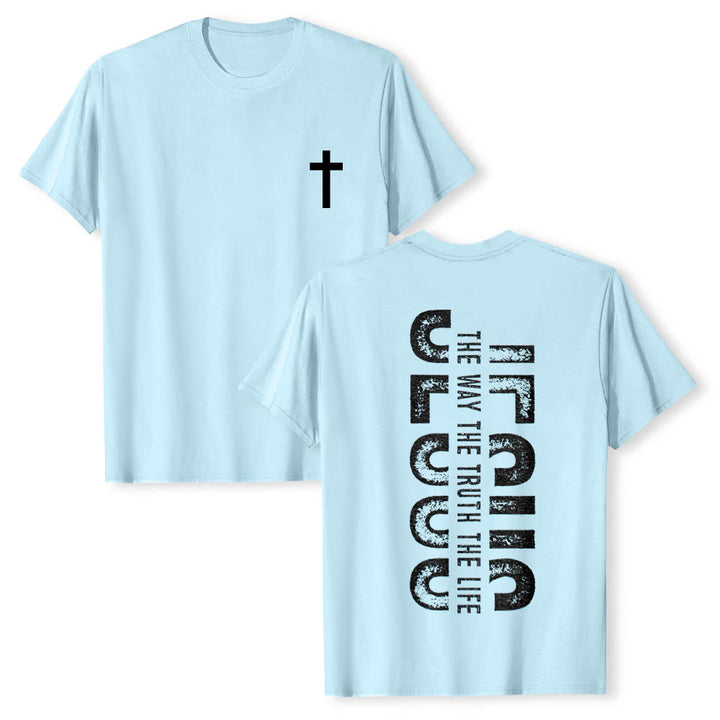 Christianartworkshop Front Cross Back Vertical Distressed JESUS The Way The Truth The Life Premium Short Sleeve T-Shirt - Blue - 2XL - image 9