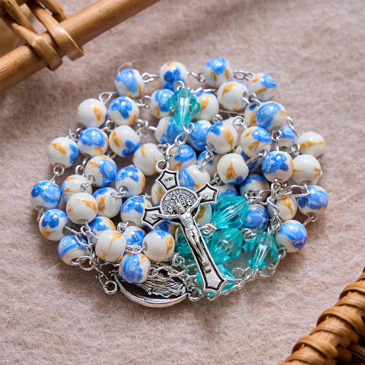 Christianartworkshop Soft Blue Floral Ceramic Bead Aqua Spacer Our Lady Crucifix Rosary - Blue Flower Ceramic Rosary - image 0